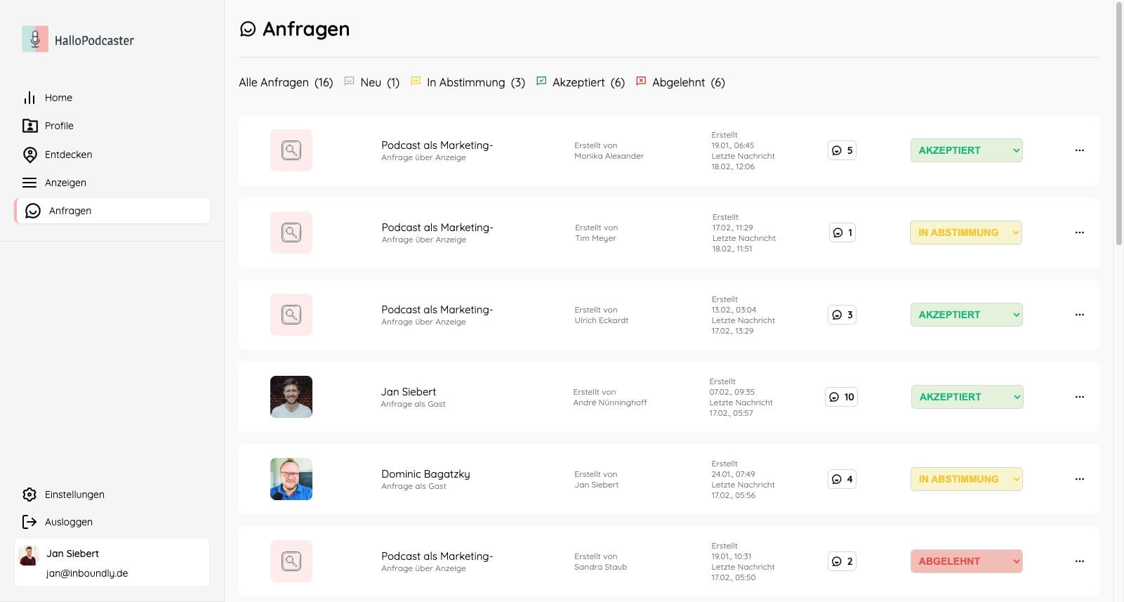HalloPodcaster Anfrage System mit Status