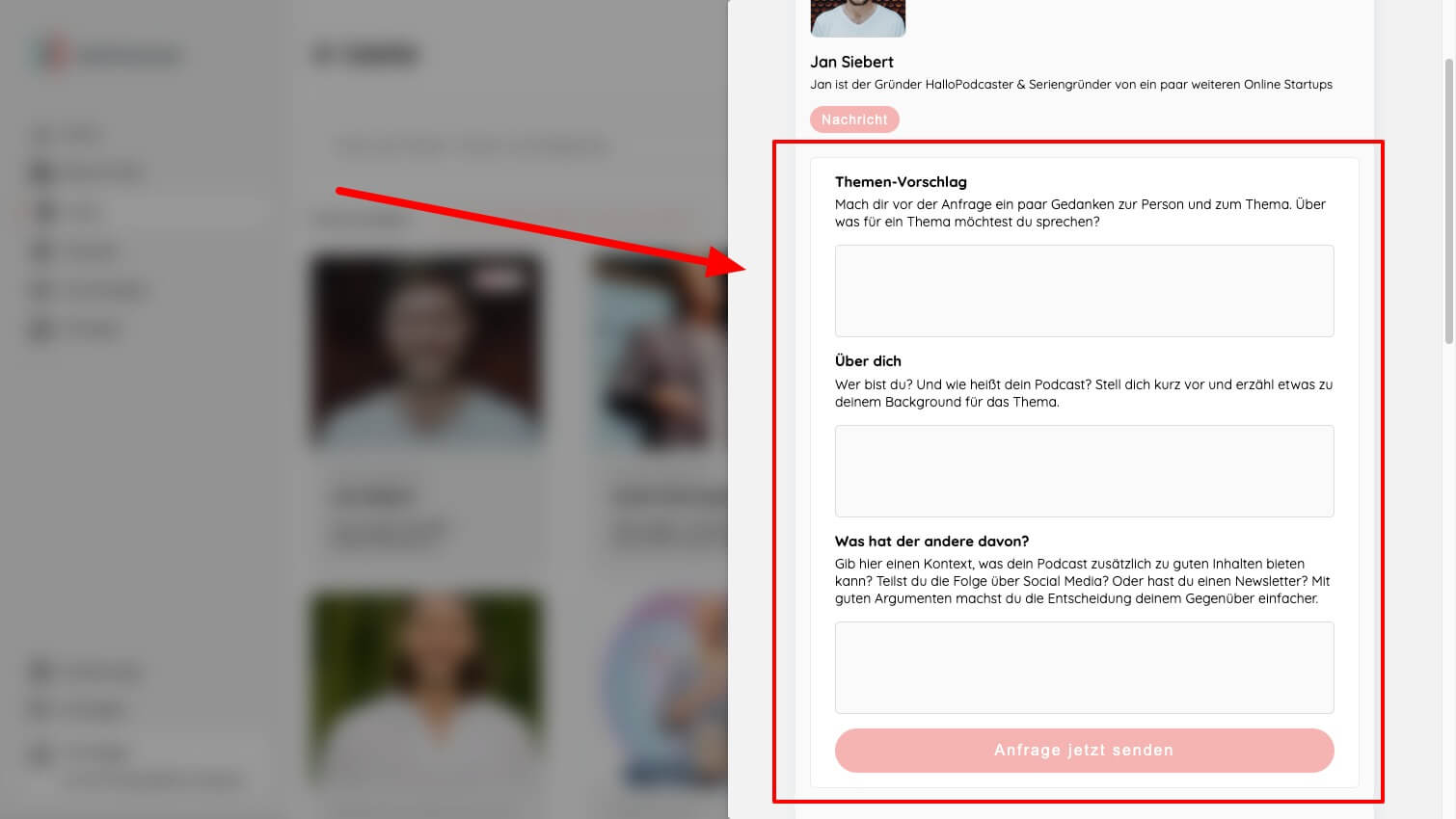 HalloPodcaster strukturierte Anfrageformular screenshot 1